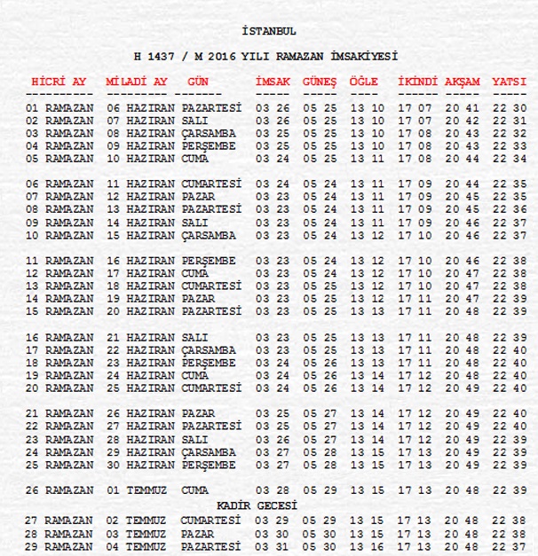 2016 İSTANBUL RAMAZAN İMSAKİYESİ